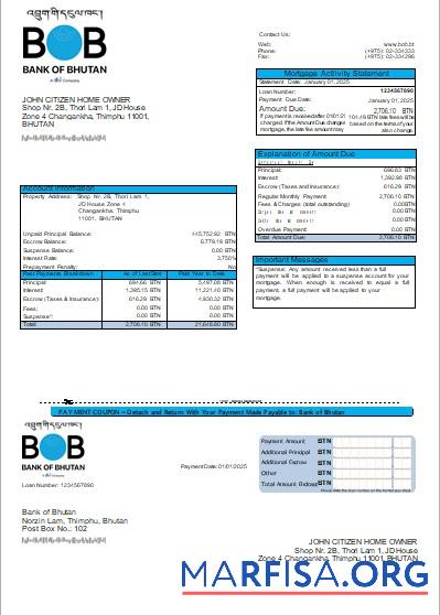 Printable Bhutan Bank of Bhutan bank mortgage statement scr download for verification
